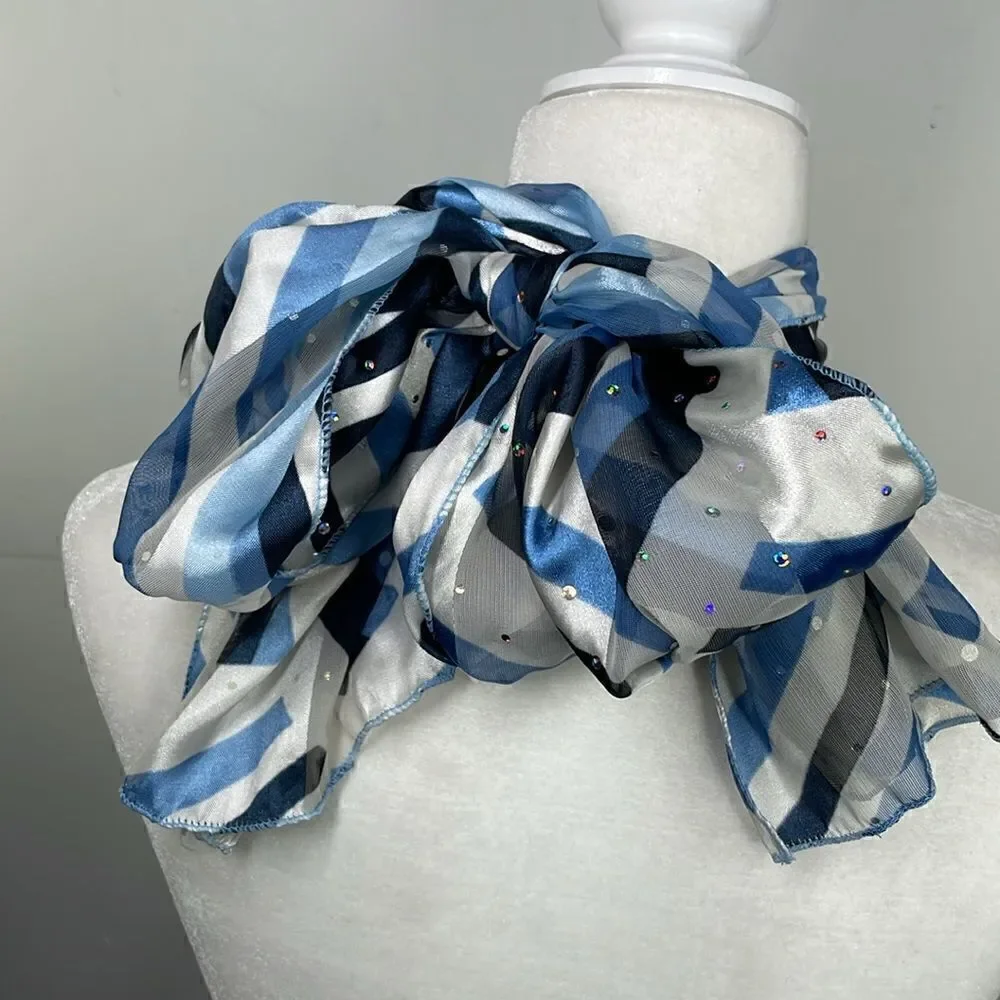 Scarf Rectangular White Blue Navy Bedazzled OS